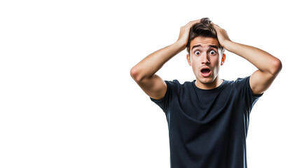 Naklejka premium Man surprised and shocked,isolated on white background,copy space,clipart,state of mind.