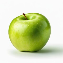 A fresh, green apple with a red stem, isolated on a white background.