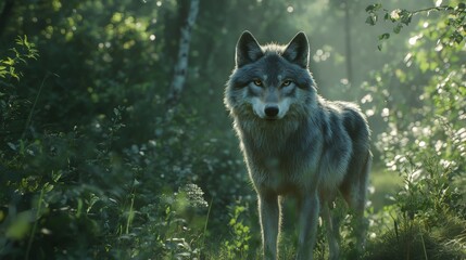 Obraz premium Adult wolf, photography in the thickets. wolf wallpaper. Ultra realistic. Photorealistic hypermaximalist hyper realistic fine detail