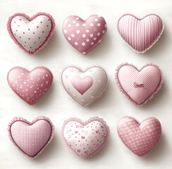 Fototapeta premium set of pink hearts with polka dots and checkered patterns, isolated on a white background. Valentine's Day design elements