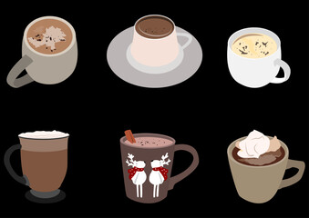 hot chocolate drink set, The illustration also includes elements such as cinnamon, glass cups, and decorative Christmas accents, which add to its appeal.