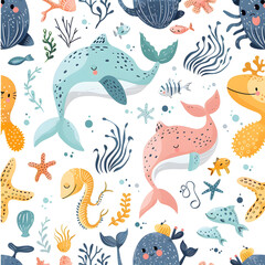 Fototapeta premium Pattern featuring cute marine animals like dolphins, fish, and seaweed. Colorful and whimsical. White background. Concept of ocean life