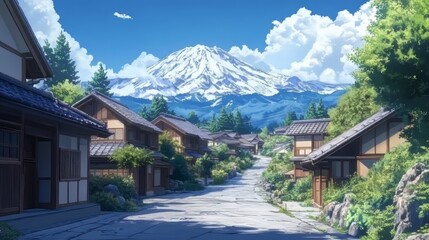Obraz premium Anime style village landscape with mountain background. anime wallpaper. Ultra realistic. Photorealistic