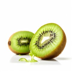 Fototapeta premium A juicy slice of kiwi with a bright green interior and tiny black seeds, surrounded by a pool of refreshing juice.