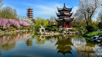 Obraz premium Chinese pagoda, serene mood, tranquil garden setting with a pond and cherry blossom trees, late afternoon light