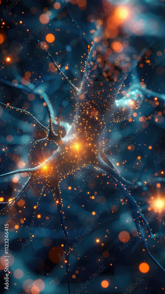 Aufkleber microscopic view of a neuron with glowing synapses.