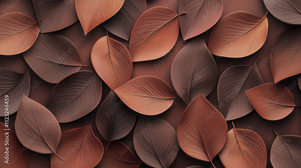 Poster an artistic display showcasing a variety of leaves in trendy mocha and natural tones, elegantly inte