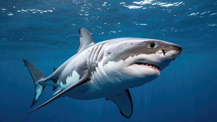 Fototapeta premium Majestic Great White Shark Swimming in Deep Blue Ocean, Streamlined Body and Sharp Teeth Visible, Sunlight Filtering Through Water Creating Shimmering Effect, Close to Surface with Frontal View