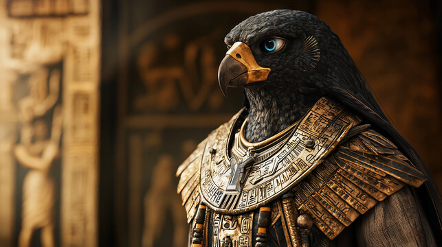 Intricate depiction of an anthropomorphic falcon deity adorned in elaborate golden armor, inspired by ancient Egyptian mythology, set against a blurred hieroglyphic background