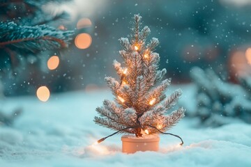 Snow-covered miniature tree with glowing lights creates a magical winter atmosphere