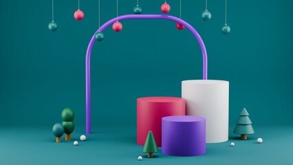 A minimalist Christmas scene with a purple arch, colored podiums, and small trees. 3D rendering.