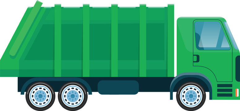 Green garbage truck collecting waste and transporting it to a landfill or recycling center, promoting environmental sustainability and urban cleanliness