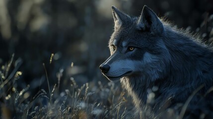 Naklejka premium Grey wolf portrait. predator concept. wolf wallpaper. Ultra realistic. Photorealistic hypermaximalist hyper realistic fine detail