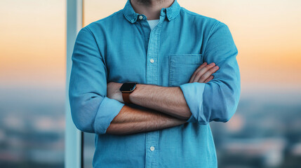Confident person standing with arms crossed against sunset backdrop, relaxed yet assertive demeanor.