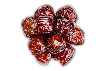 Top view of sweet pitted chinese jujube fruit preserved in syrup isolated on white background with clipping path.