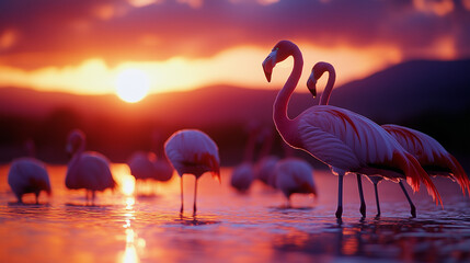 Fototapeta premium Flamingos wading in water during a vibrant sunset