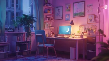 Lofi living room with study table, anime style. anime wallpaper. Ultra realistic. Photorealistic