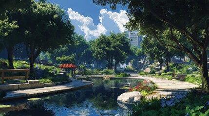 Fototapeta premium Lofi park, anime style. anime wallpaper. Ultra realistic. Photorealistic