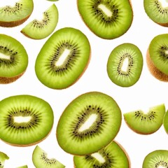 Fototapeta premium A juicy slice of kiwi with a bright green interior and tiny black seeds, surrounded by a pool of refreshing juice.