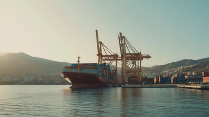 Obraz premium A cargo ship docked at a port with cranes and containers in the background.