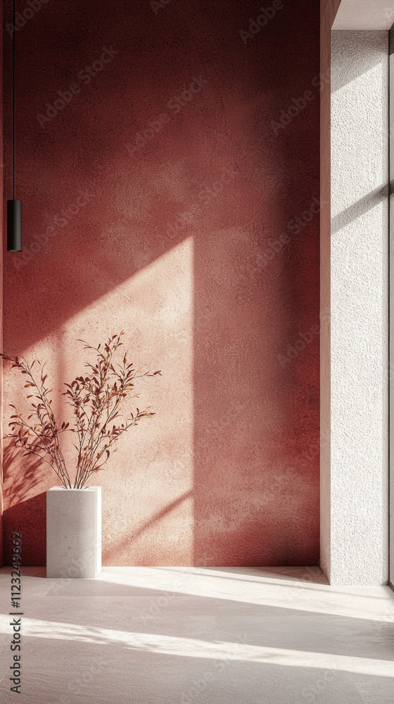 Poster Soft sunlight casts delicate shadows in a mocha cocoa interior, showcasing a minimalist design with a touch of greenery