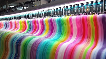 Fototapeta premium Vibrant Rainbow Textile Creation: A Symphony of Colors in Industrial Textile Manufacturing