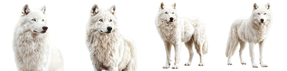 Obraz premium Majestic white Arctic wolf roaming and prowling through a snowy winter wilderness landscape The powerful alert predator stands tall and watchful with its piercing gaze scanning the icy tundra