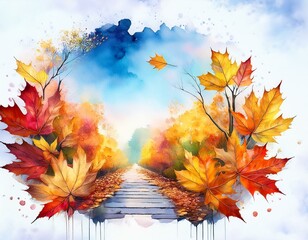 Autumn landscape and flying leaves that looks like a watercolor