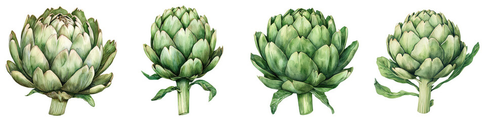 Obraz premium Close up of fresh green artichoke vegetables on white background Healthy organic ingredients for cooking nutrition or recipe design