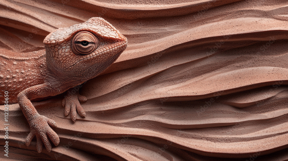 Poster exploring the intricate details of a lizard resting against a mocha-colored, textured backdrop, show