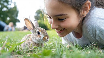 Canadian happy girl playing together with rabbit pet on grass outside