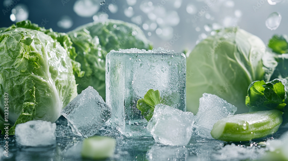 Poster fresh vegetables with ice creating a refreshing summer atmosphere in a cool kitchen setting