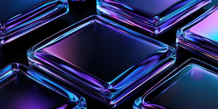 A collection of glass-like squares with vibrant, reflective surfaces and gradient colors.