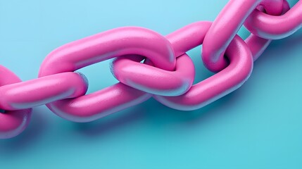 Close-up of vibrant pink chain links against a smooth blue background, symbolizing connection, strength, and modern aesthetics.