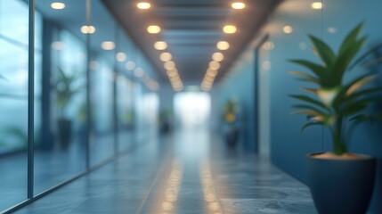 Fototapeta premium Modern office hallway with glass walls, plants, and soft lighting.