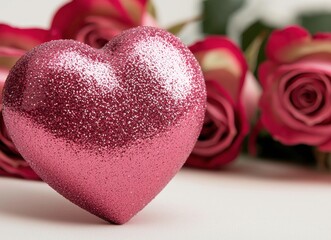 Fototapeta premium Glittery pink heart with roses a romantic pastel decor close-up