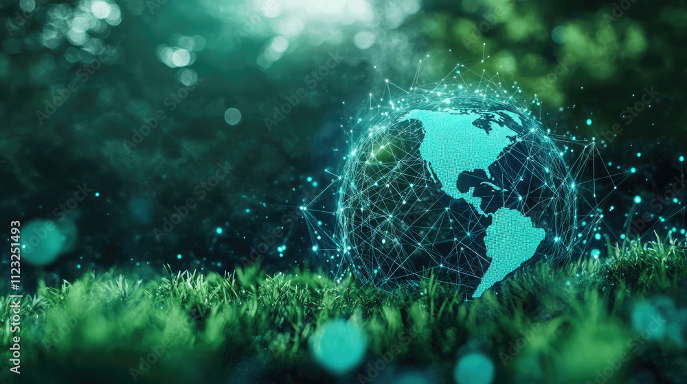 Poster digital world map representation on grass symbolizing environmental awareness and technology blendin