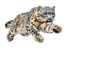 Fototapeta premium A majestic snow leopard leaps gracefully through its natural habitat. transparent background.