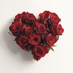 Heartshaped red roses on white background romantic floral arrangement