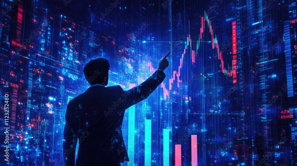 Poster businessman analyzing stock market trends with data visualization graphics in a futuristic setting. 