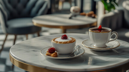 Freshly brewed coffee and a tempting dessert elegantly displayed on a table in a cozy cafeteria setting