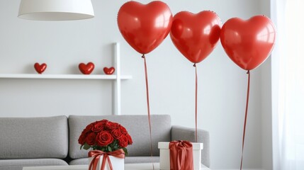 Valentine's day celebration in cozy living room with red decor