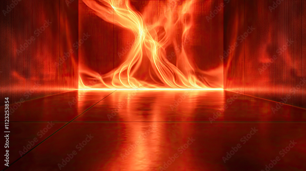 Poster fiery abstract art installation with glowing red patterns and reflective surfaces in a darkened spac