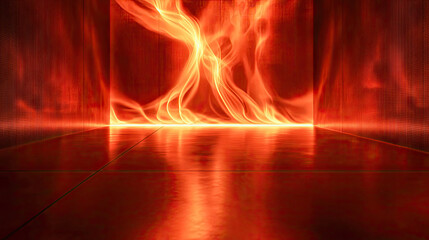 Fototapeta premium Fiery abstract art installation with glowing red patterns and reflective surfaces in a darkened space. Generative AI