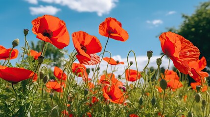 Obraz premium Vibrant Red Poppies Under a Sunny Sky