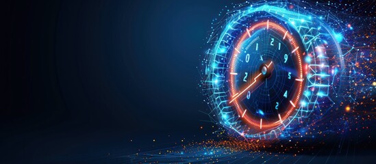 A futuristic, glowing speedometer gauge on a blue background, showcasing speed, acceleration, and progress.
