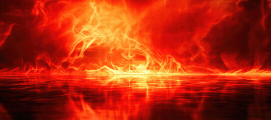 Fototapeta premium Intense fiery blaze illuminates dark surroundings with vibrant red and orange hues near a reflective surface. Generative AI
