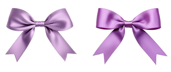 Two elegant purple bows with glossy texture and flowing ribbons for decoration. transparent background.