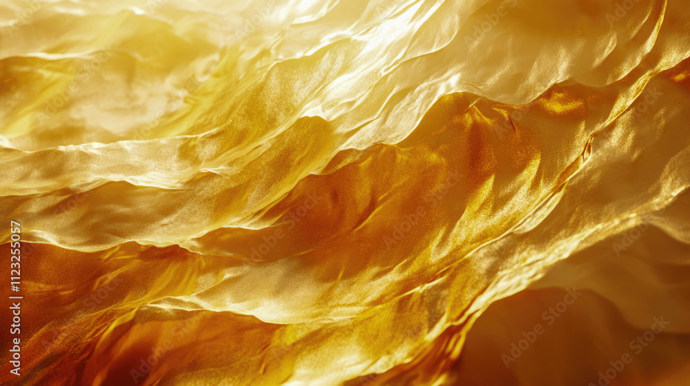Poster textured golden fabric with flowing waves in soft lighting captured in a creative studio setting. ge
