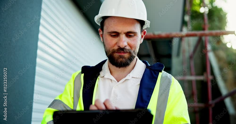 Poster man, architect and tablet for architecture at construction site, review blueprint and floor plan for